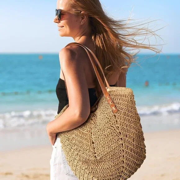 Beach Bags for Women - Straw Bag with Zipper, Soft Woven beach bag, Casual Straw - Picture 4 of 7